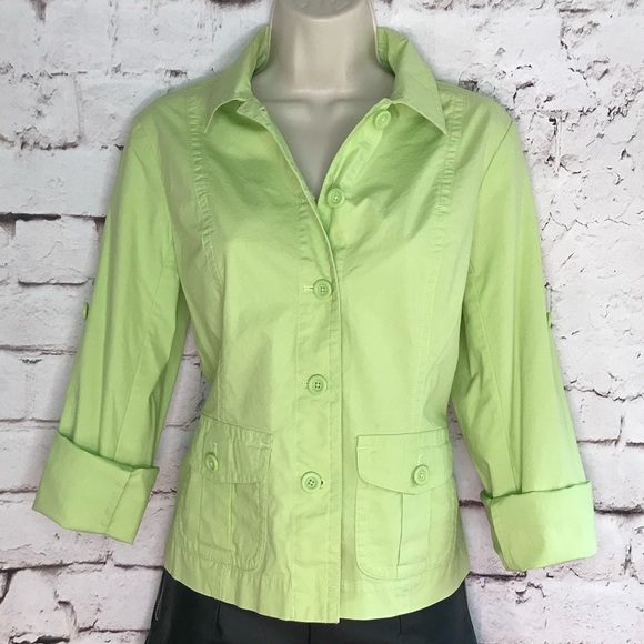 TALBOTS Petite Size 4P Lime Green lightweight Safari cotton blazer jacket - Picture 2 of 15